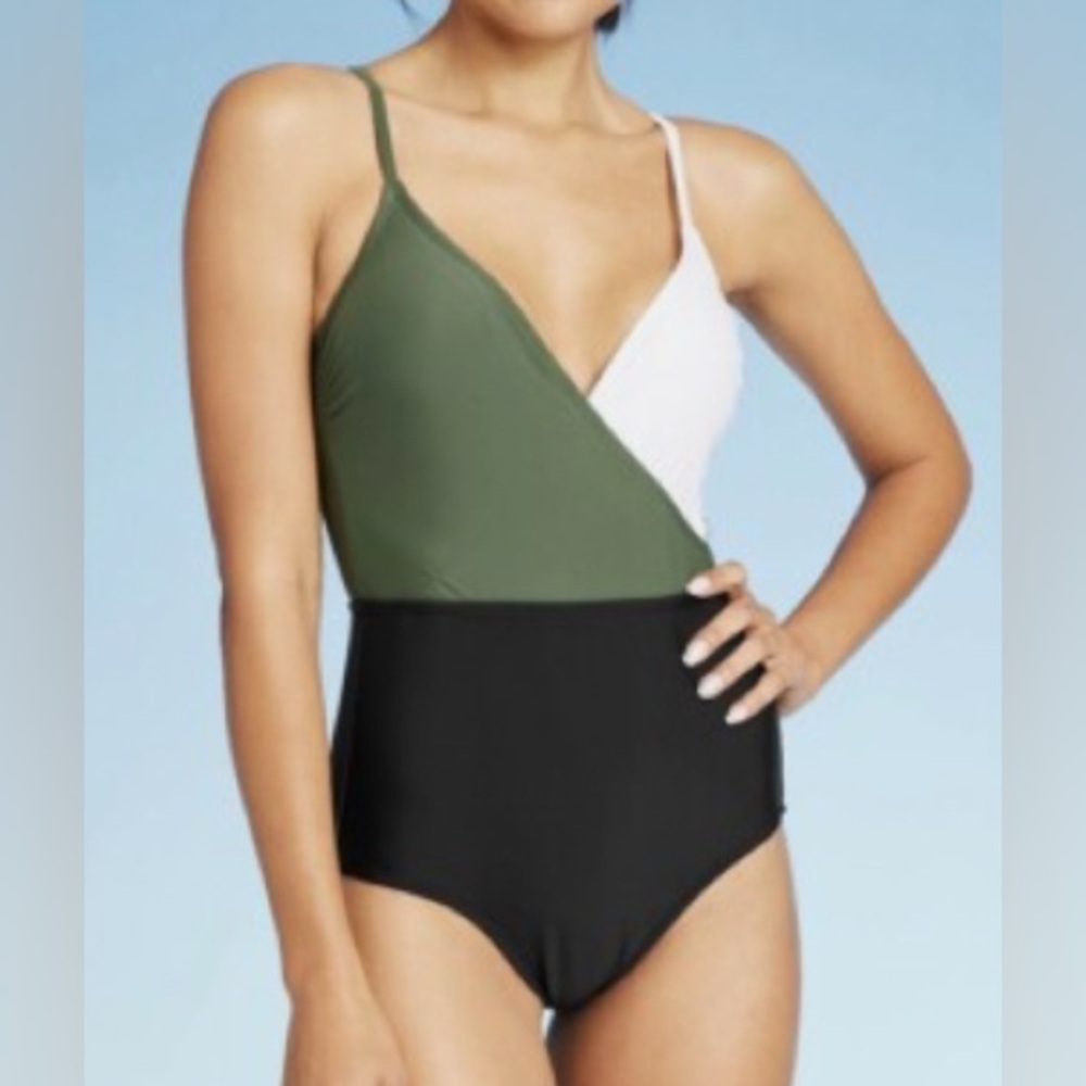 Kona Sol Color Block One Piece Bathing Swim Suit Sz S Olive Green Black White